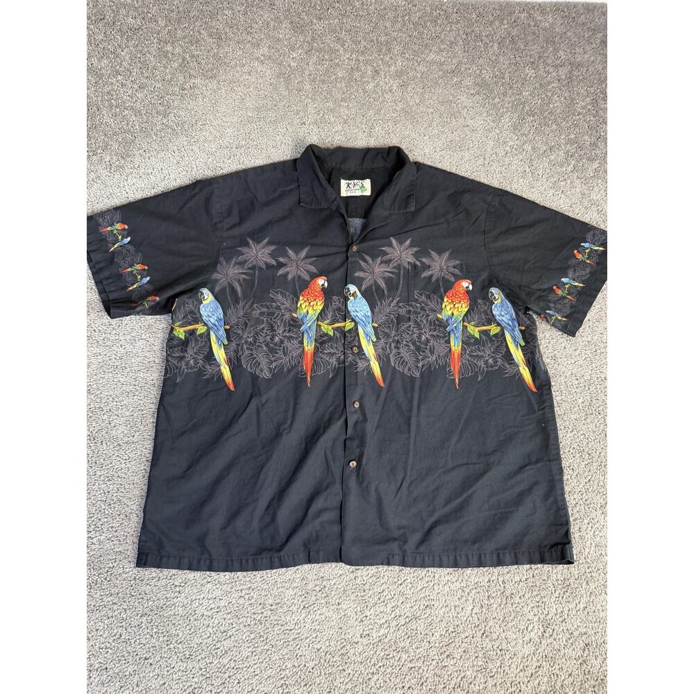 KY'S Shirt Mens 3XL Black Parrot Tropical Cotton Short Sleeve Button Up